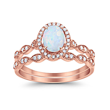 Halo Bridal Set Piece Oval Rose Tone, Lab Created White Opal Wedding Ring 925 Sterling Silver